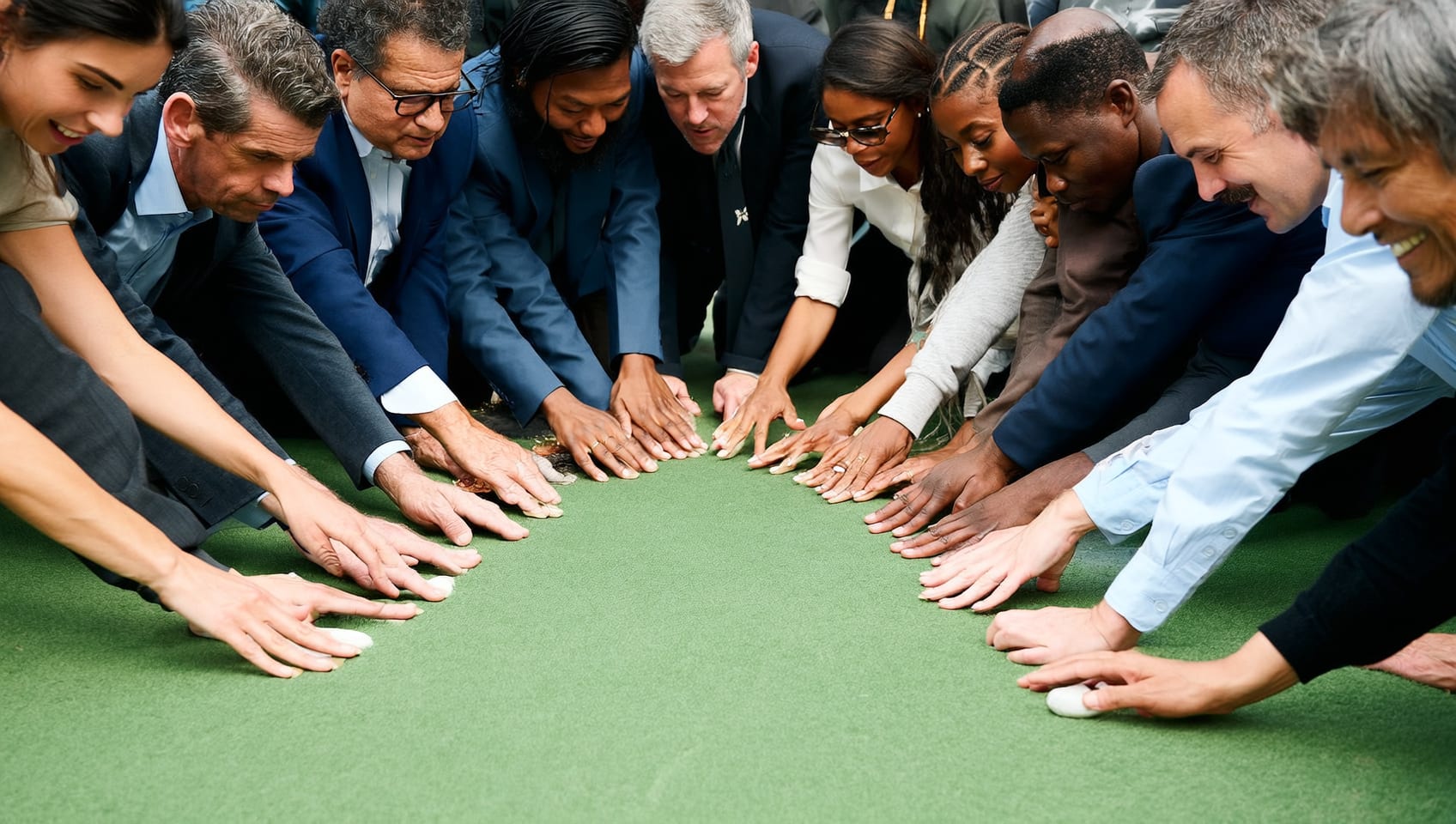 Colleagues reading a putting line together on the practice green before a corporate round