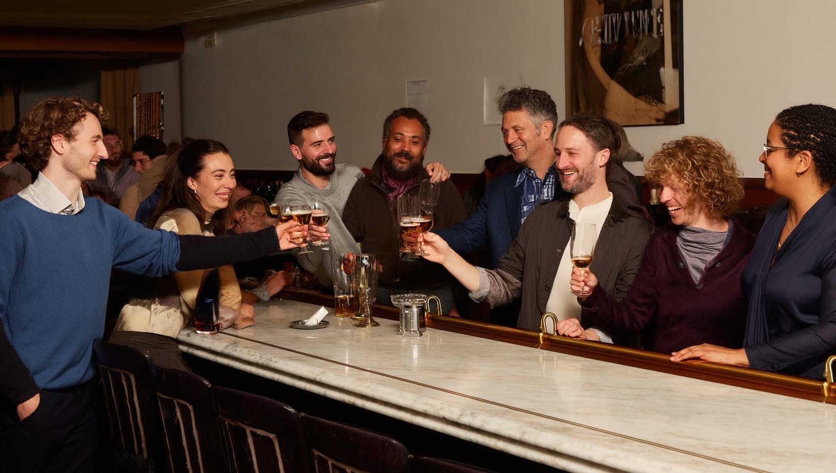 Friends toasting at a clubhouse bar after a round