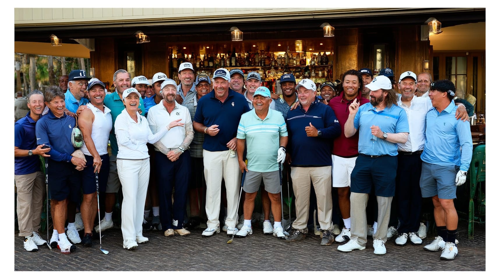 Golfers relaxing at the nineteenth hole as evening light settles over the clubhouse