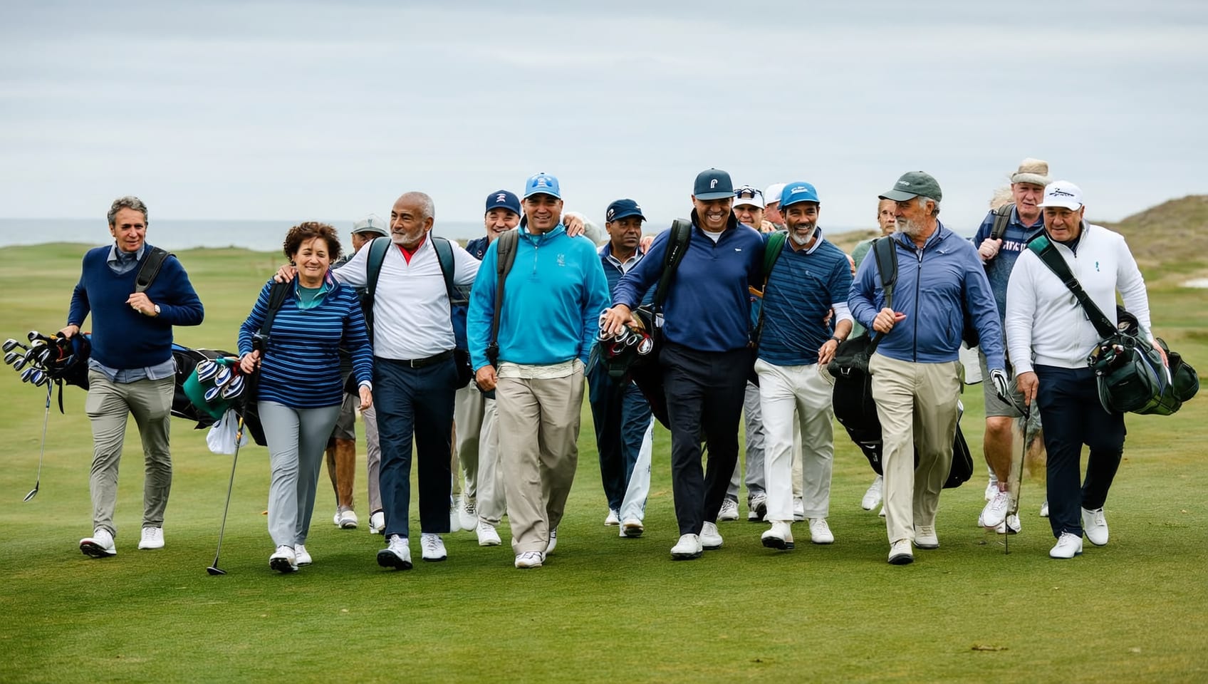 A group of golfers walking a windswept coastal links course together, bags over their shoulders